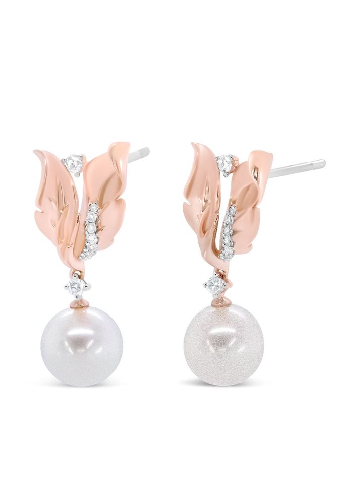 1/6 Cttw Round Diamond and 8mm Round Pearl Floral Drop Earrings
